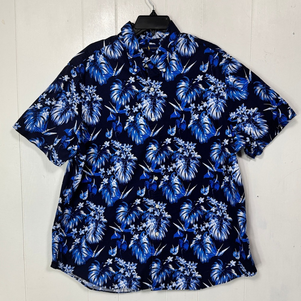 Ralph Lauren XXL Shirt Mens Floral Blue White Tropical Short Sleeve Button Up